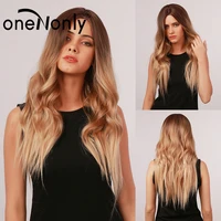 onenonly long natural wave ombre brown blonde synthetic wigs middle part for white black women cosplay daily hair heat resistant