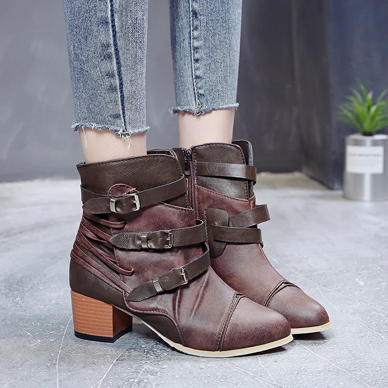 Модные новые женские ботинки Короткие однотонные Винтажные с пряжкой и круглым