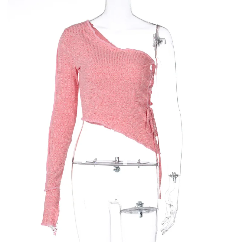 

2020 Autumn Bandage One-Shoulder Crop Top Hollow Out Irregular Sexy Tshirt Top Winter Women Knit Long Sleeve Party Club Outfits