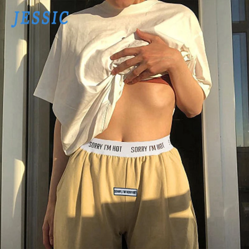 

JESSIC Women Pants Summer Fashion Black High Waist Women Casual Sport Joggers Streetwear Tie Feet Korean Style Print Trousers
