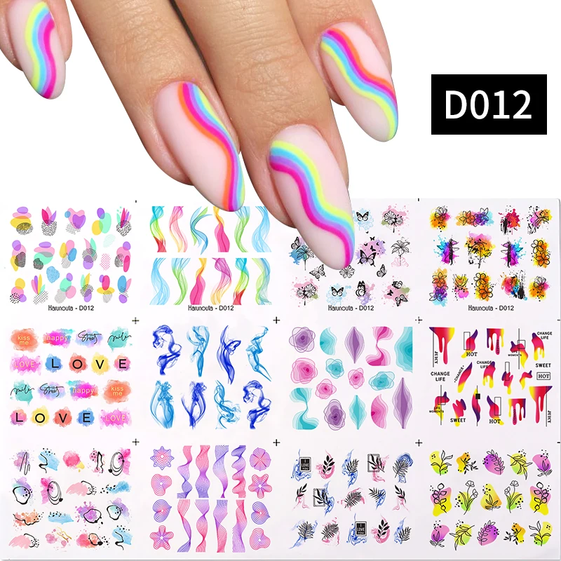 

12patterns/sheet Black Line Coloful Abstract Image Nail Sticker Decals Sexy Girl Water Transfer Slider For Nails Art