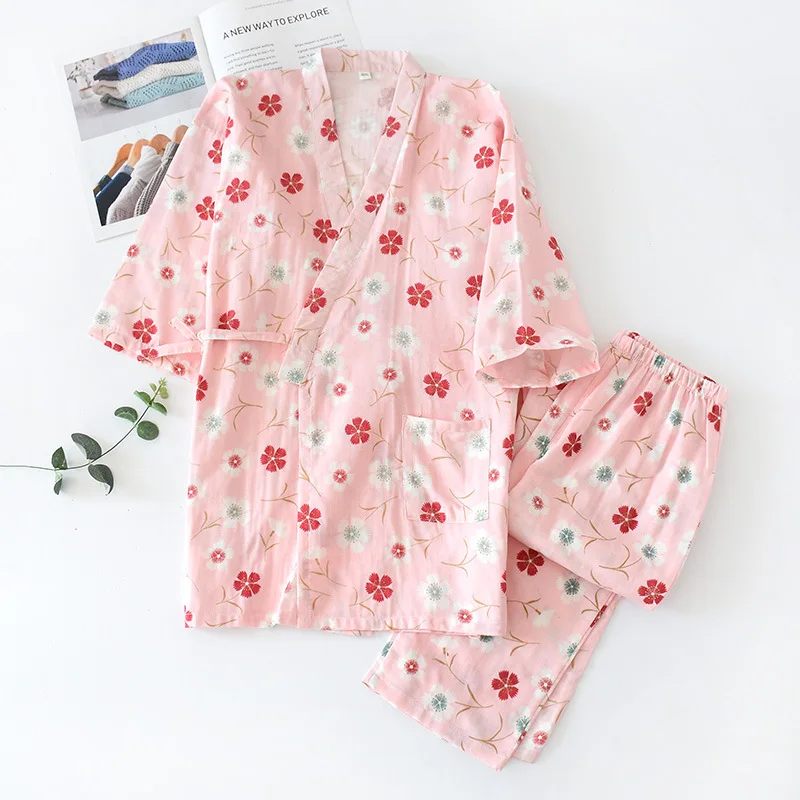 2022 Japanese Kimono Suit Pajamas Spring And Autumn Ladies Cotton Three-Quarter Sleeves Flowers Home Clothes Loose