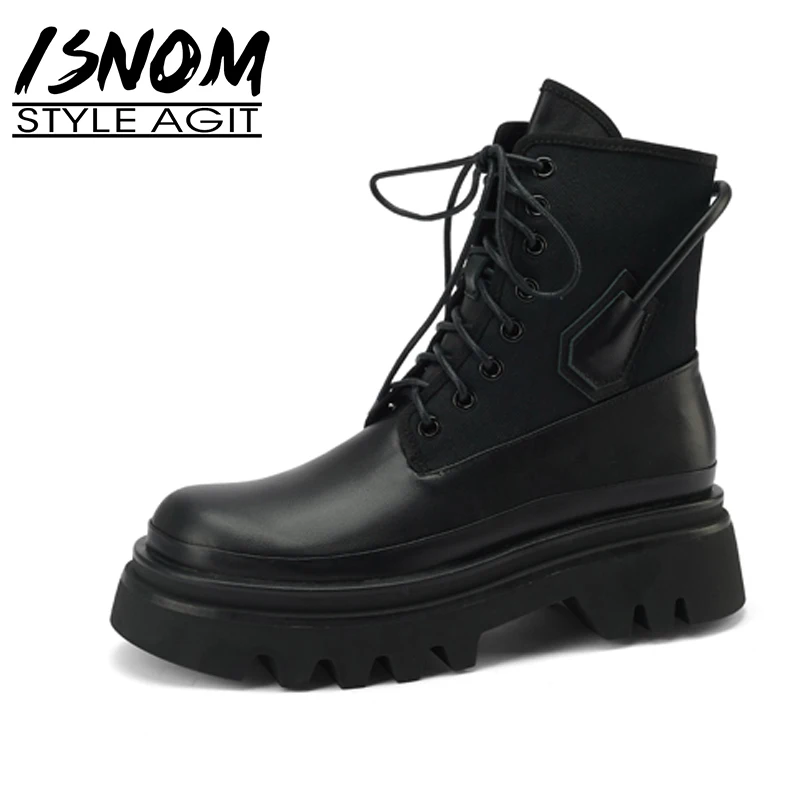 

ISNOM Platform Genuine Leather Motorcycle Boots Fashion Women Round Toe Laced Ankle Thick Heels Bottom Shoes XL056