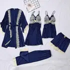 Новинки для женщин сексуальная сатиновая Ночная Сорочка Ночное белье 5 шт. халат комплект Темно-синие банный халат, ночная рубашка свободного покроя, одежда для сна, новинка в стиле пэчворк, Детское Белье для сна