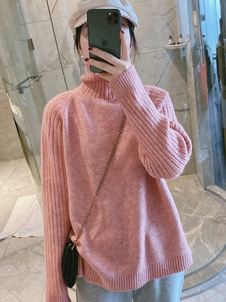 

Solid color cashmere base comfortable turtleneck sweater women's thick loose version lazy outer wear sweater winter New
