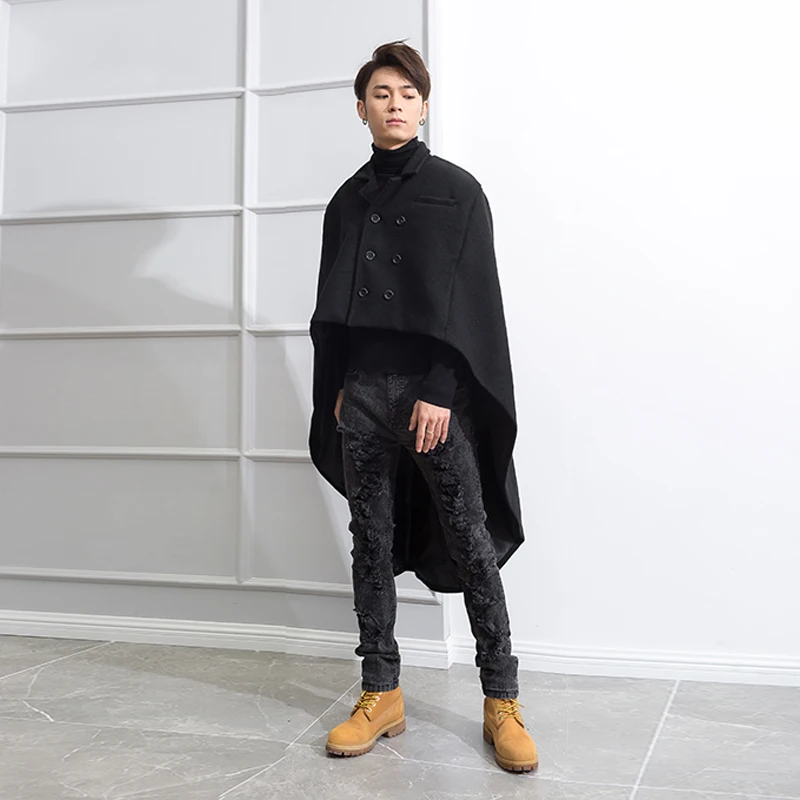 Мужская шерстяная накидка выше колена двубортная с воротником стойкой спереди и