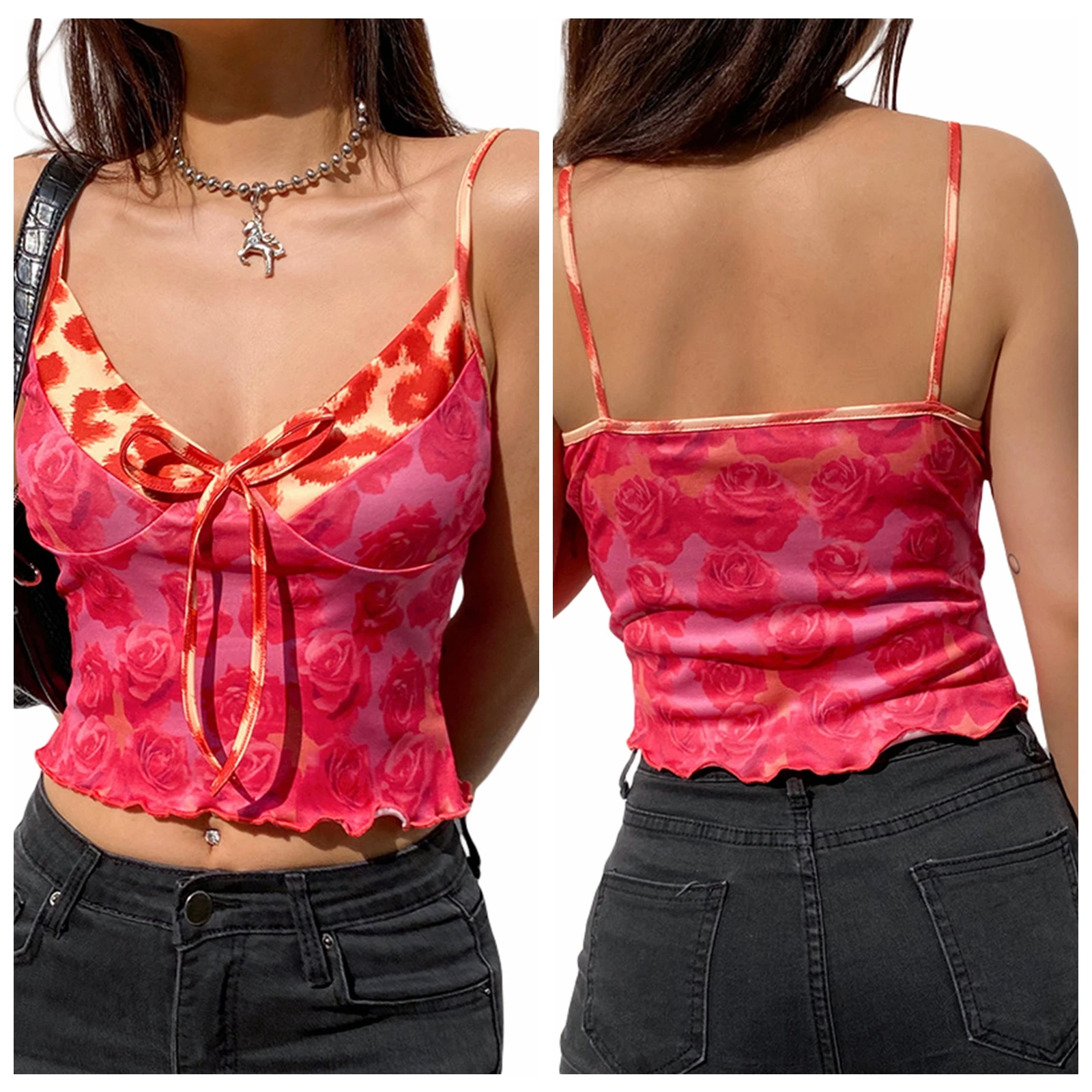 

Жилет женский с цветочным принтом, топ на бретельках с V-образным вырезом, без рукавов, с оборками на подоле, 2021