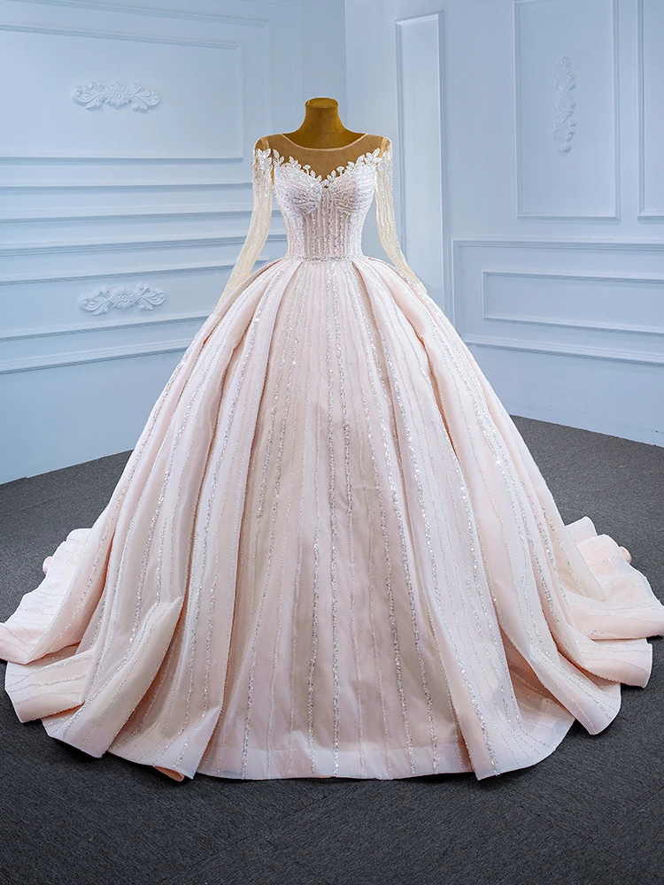 

Luxury Pink Sweetheart Ball Gown Exquisite Beaded Pattern TO Sew Shiny Sequined Delicate Appliques Illusion Wedding Dress 67253