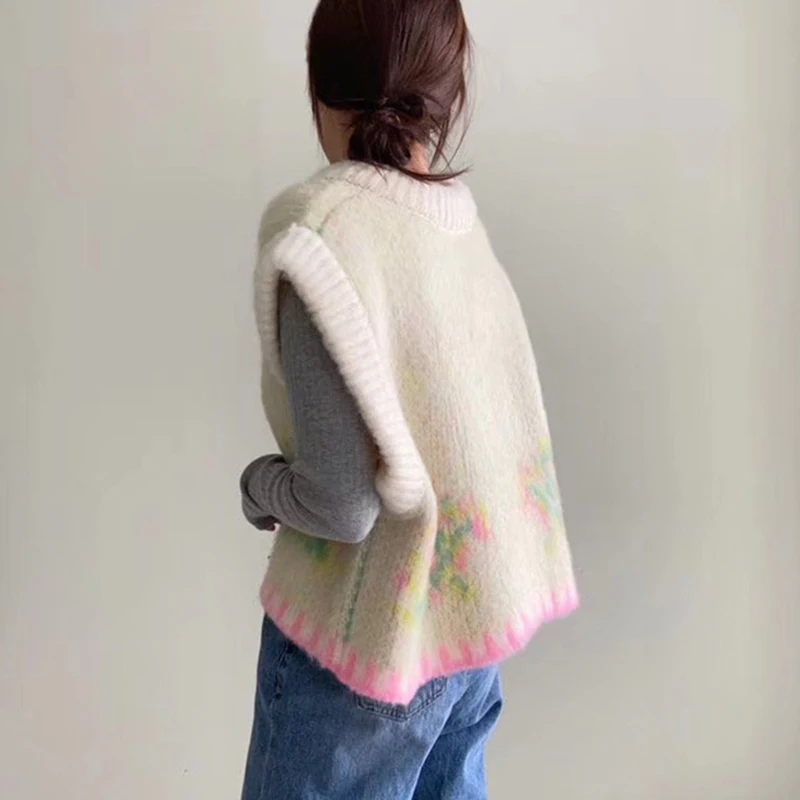 LANMREM 2022 корейский осенне-зимний вязаный жилет цветок узор контрастный цвет