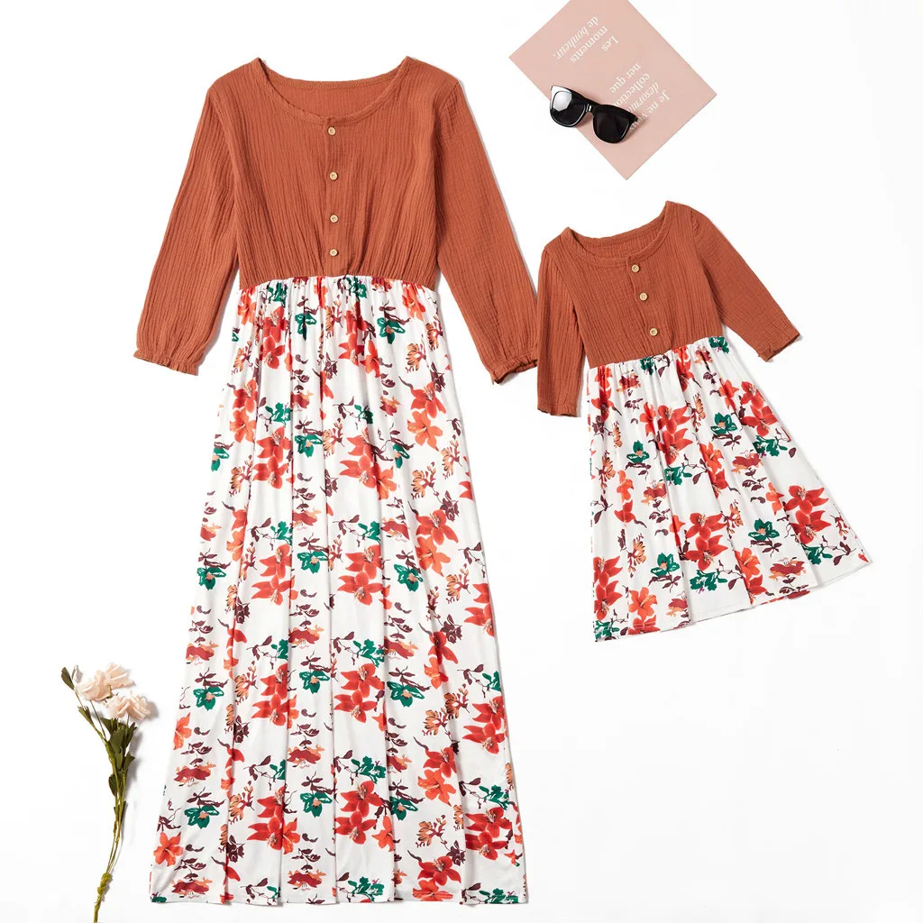 Осеннее платье для мамы и дочки детская одежда девочек с длинным рукавом круглым