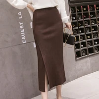 korean fashion high waist split knit womens skirt autumn winter 2021 wrap hip black elegant midi skirts new arrivals