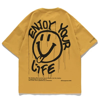 

han Men's summer short-sleeved tide brand ins hip-hop smiley graffiti T-shirt trend loose shoulder round neck half sleeve