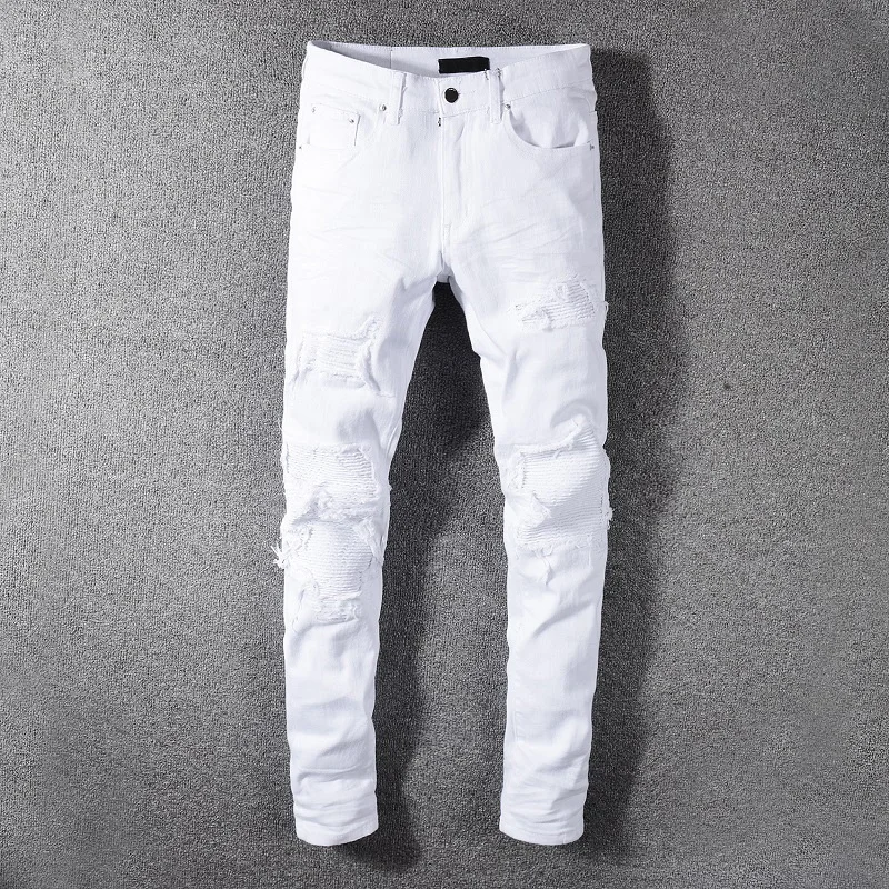 

Men's white stretch ripped biker jeans Slim skinny pleated patchwork denim pants