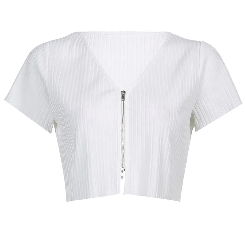 

Fashion solid color pit zipper cardigan V-neck navel short-sleeved T-shirt top female 2021 new