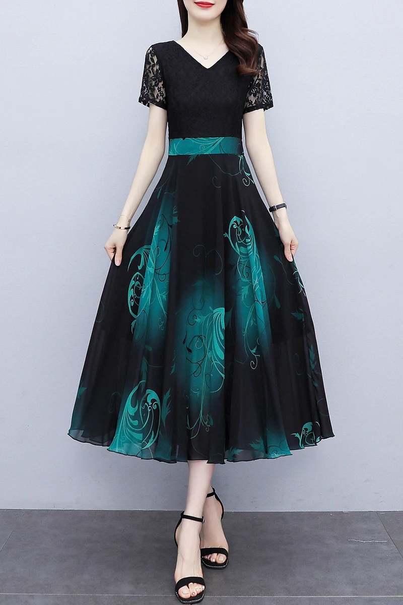 

Chiffon Loose Women's Dress New Fashion Casual Short Sleeve Flower Print V-neck Mid-length Summer Dresses Houthion