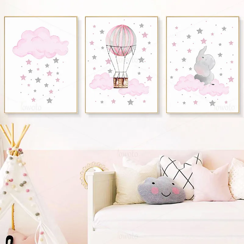 Розовые детские настенные картины со звездами слона на холсте в спальне
