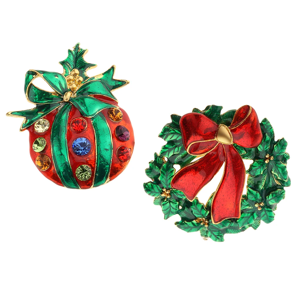 

2pcs Christmas Crystal Rhinestone Fruit Flower Wreath Handbag Collar Pin