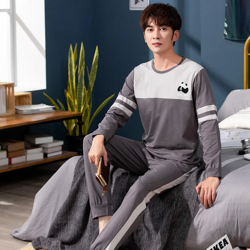 

2021 Spring Korean Long Sleeve Pajama Sets for Men Cotton Sleepwear Suit Nightwear Male Loungewear Pyjamas Homewear Home Clothes