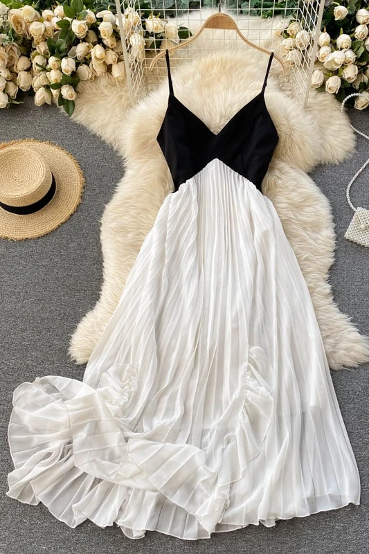 

ZQLZ V-neck High Waist Patchwork Sexy Summer Dress Spaghetti Strap Sleeveless Party Dresses Seaside Folds Midi Ladies Vestidos