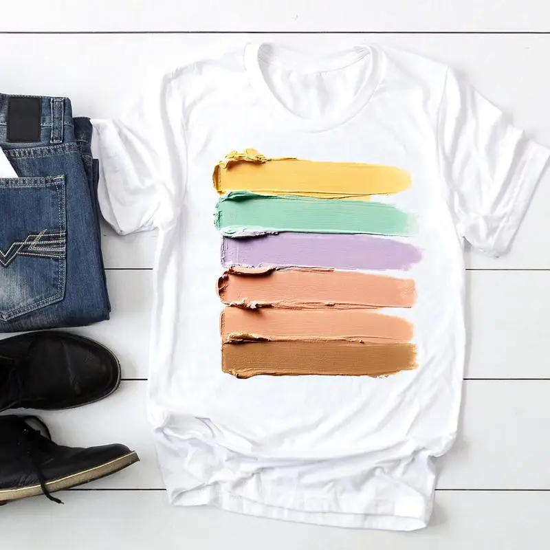

Women Make Up 2021 Striped New Short Sleeve Fashion Cartoon Summer Lady Print Tee Graphic T Top Female Tshirts Clothes T-Shirt