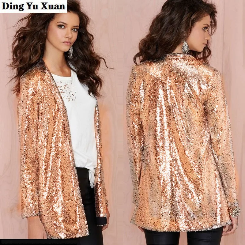 

Womens Shiny Sequined Long Blazer Woman Black Gold Silver Elegant Suit Jacket Ladies Fashion Club Party Punk Hip Hop Outerwear