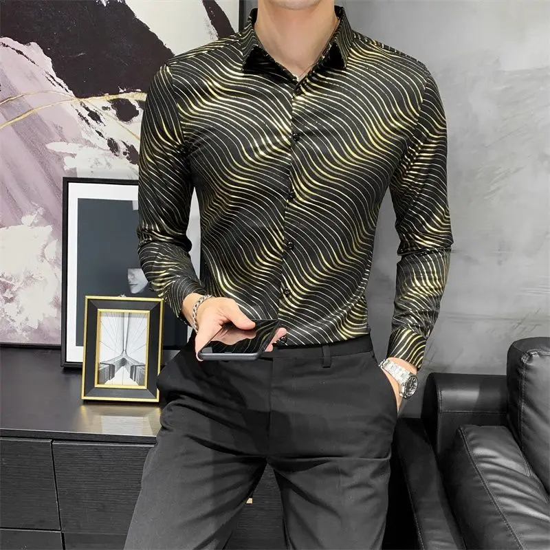

Рубашка мужская приталенная в полоску, роскошная сорочка с золотистым принтом, с длинным рукавом, осень