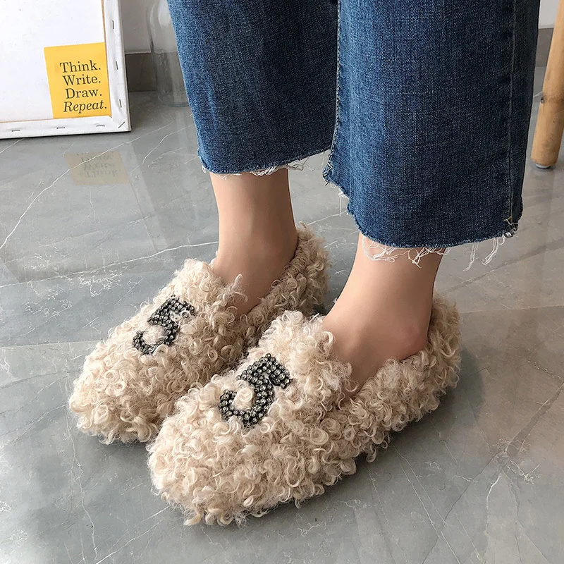 Женская зимняя обувь уличные Лоферы без застежки женская украшение с кристаллом