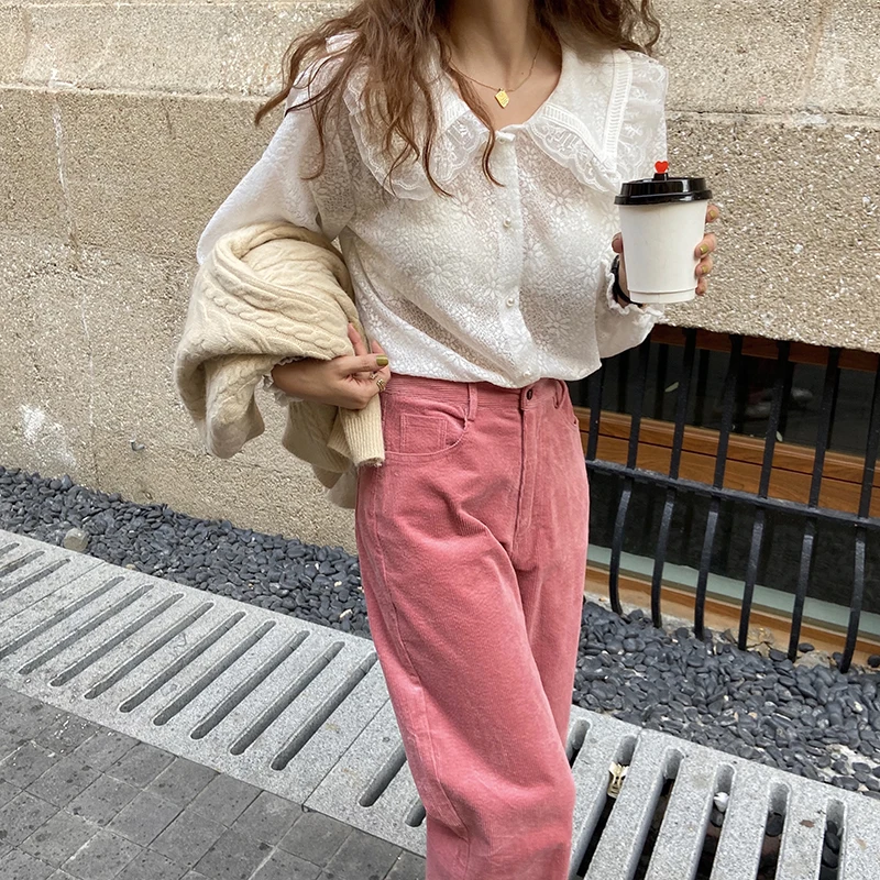 

Comelsexy Spring Chic Vintage Lace Shirt 2021 Office Lady Solid Loose Turn Down Collar Fashion All Match Streetwear Blouses