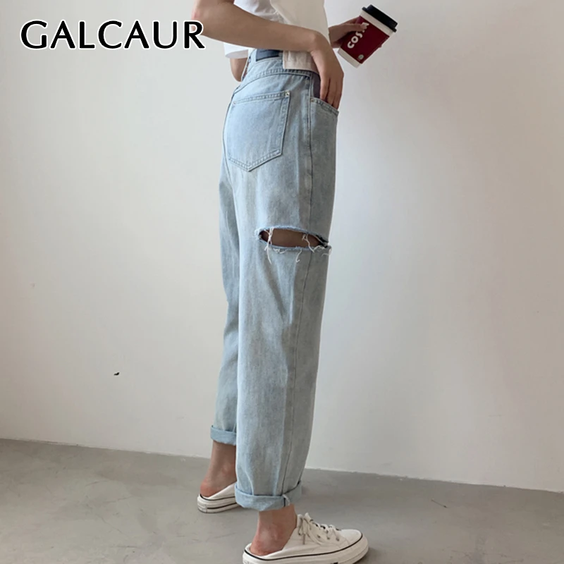 

GALCAUR Korean Denim Pant For Woman High Waist Pocket Plus Size Straight Wide Leg Loose Long Trouser Female Fashion New 2020