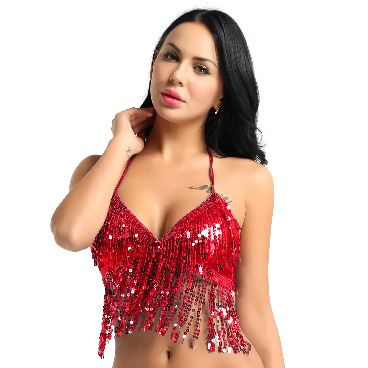 

Sequins Tassel Latin Belly Dance Bra Tops Women Fashion Wet Look Halter Neck and Back Tie Up Crop Tops Party Club Wear Costume