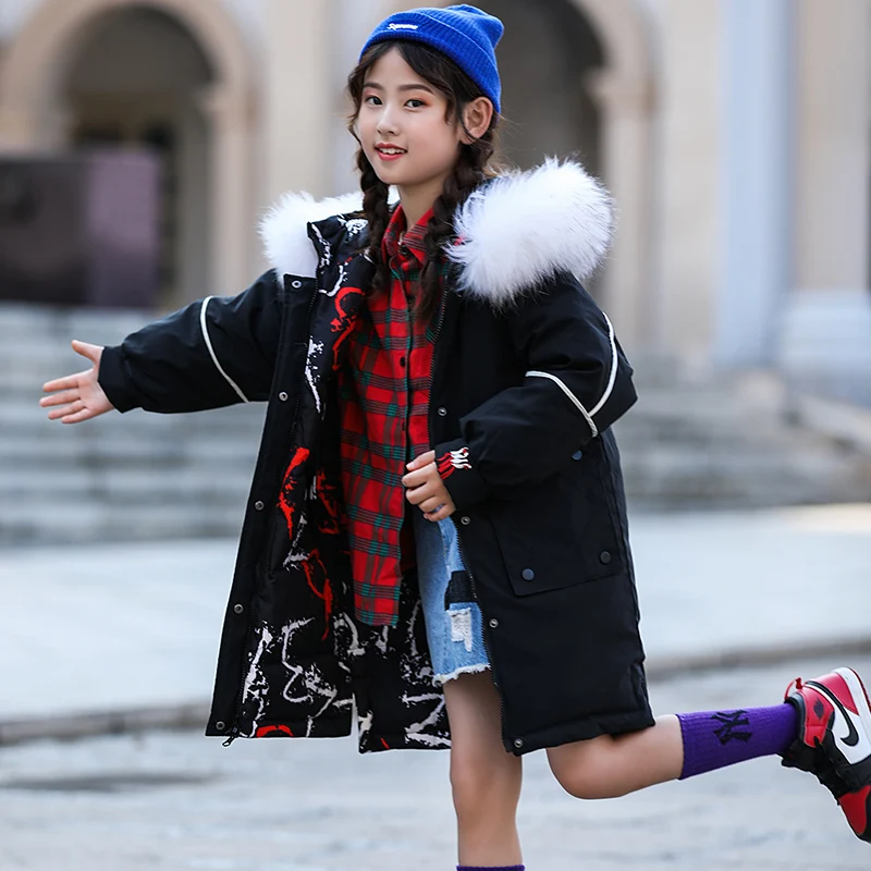 Девочек Зимняя парка пальто с капюшоном меховой воротник теплая верхняя одежда