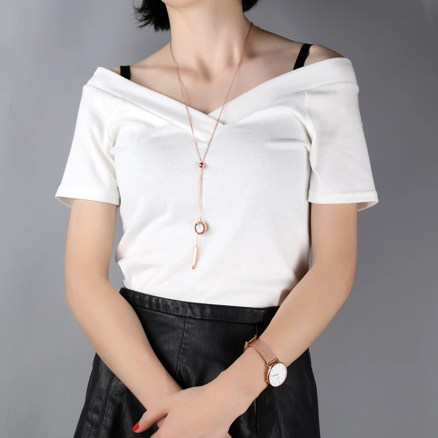 

Japanese Korean Tassel Sweater Chain Stainless Steel Rose Gold White Double Sided Long Necklaces For Women Jewelry 2021 Trend
