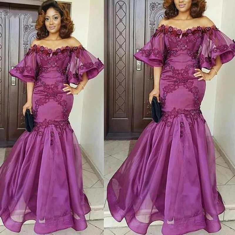 

Elegant Purple Mermaid Evening Dresses Off the Shoulder Ruffle Lace Applique Beaded Flare Sleeve Floor Length Prom Gowns