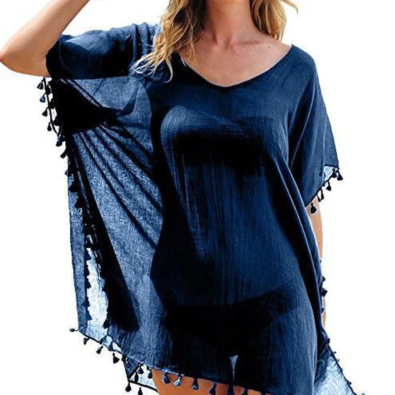 Женское пляжное однотонное платье для плавания накидка на бикини с кисточками