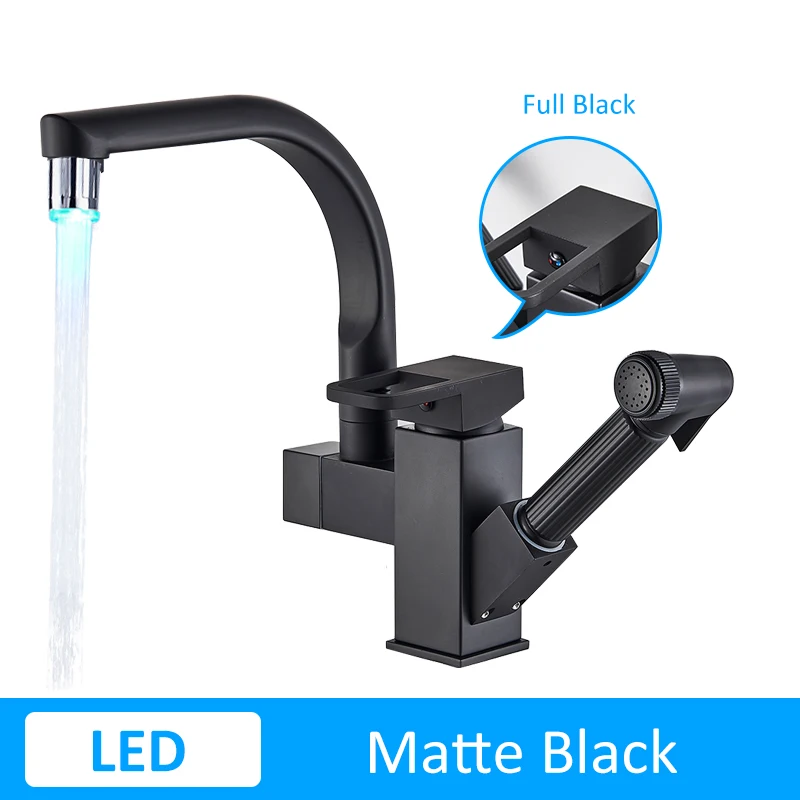 LED-Matte Black Хромированный кран для кухонной раковины черного цвета с поворотом на 360 градусов, кран для раковины с одной ручкой - Цвет: LED-Matte Black