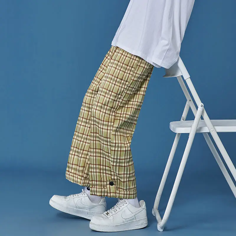 

Summer Plaid Pants Men's Korean Fashion Loose Casual Pants Men's Harajuku Streetwear All-match Wide-leg Straight-leg Pants Men