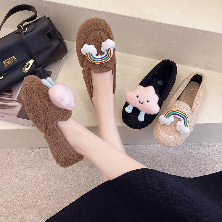 

Женские мокасины на плоской подошве, теплые туфли с плюшевой подкладкой, с рисунком облаков, ягнят и шерсти, для зимы, 2021