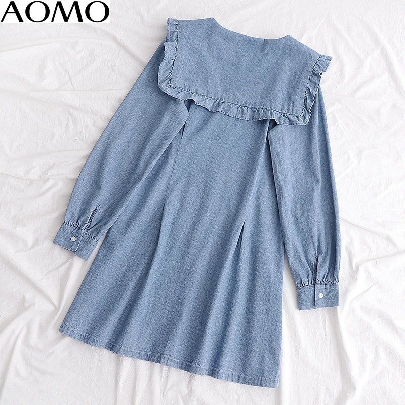 

AOMO fashion women solid blue denim dress full sleeve turn down collar casual ladies work midi dress vestidos 1D311A