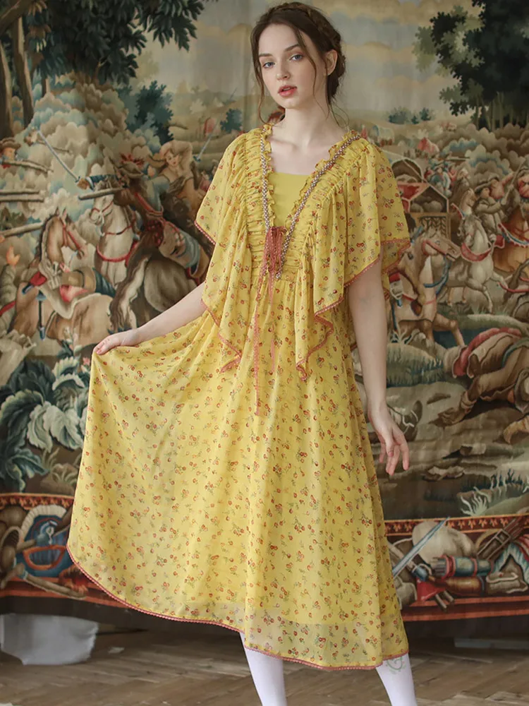 Женское винтажное шифоновое платье желтое Элегантное повседневное длинное