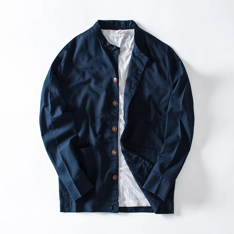 

spring 2020 new style young men's stand collar buckle linen Casual Jacket Top