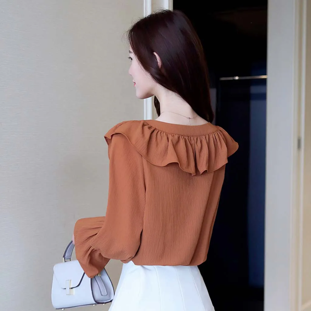 Женская мода галстук-бабочка оборки длинный рукав свободная тонкая шифоновая