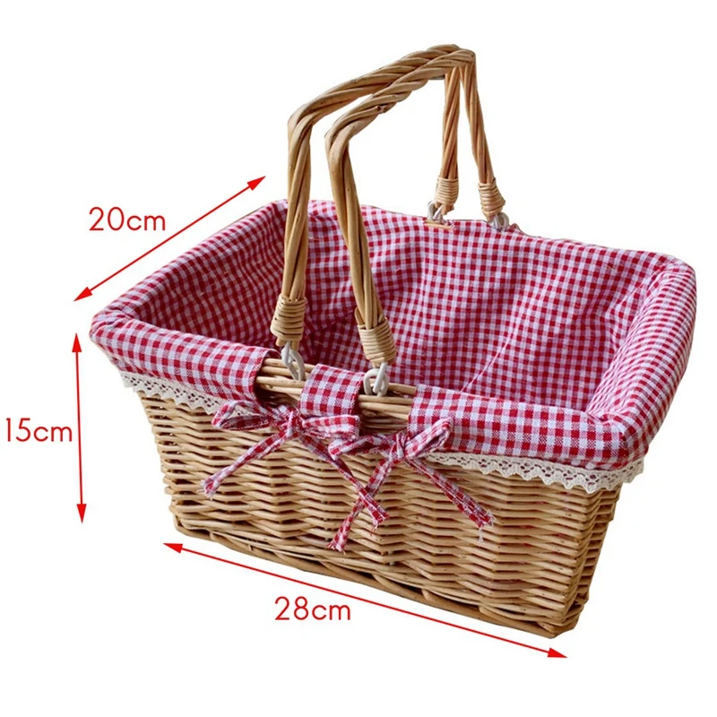 

Picnic Basket, Woven Natural Wicker Basket with Double Handles and Cloth Lining for Food Sundry Container Fruit Storage