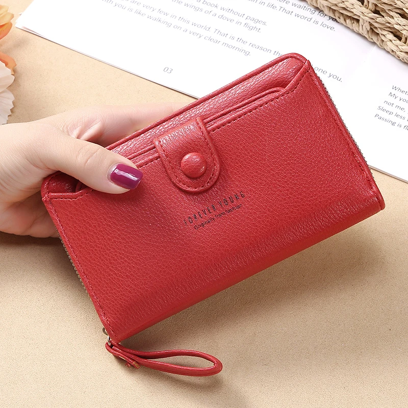 aliwood New Solid Color Leather Women's Wallet Ladies Wristband Clutch Bag Fashion Korean Version Long Zipper Purse Card Holder