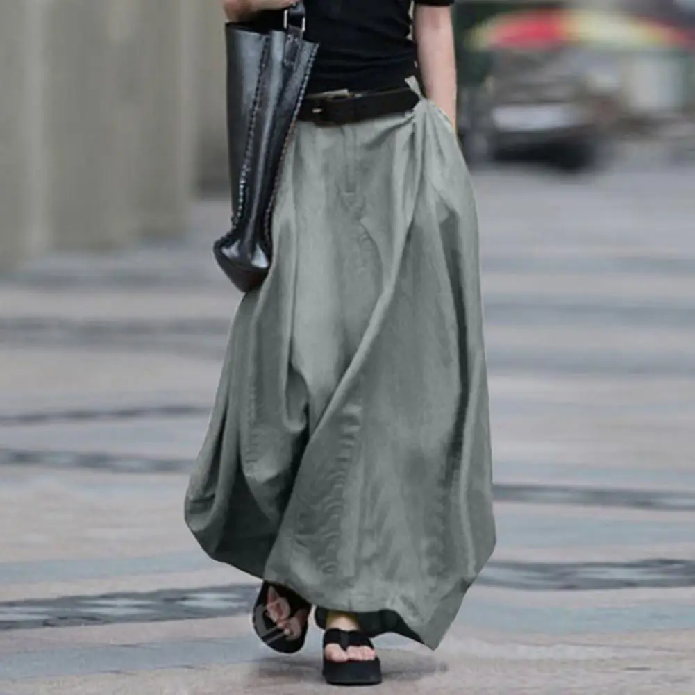 

Women Skirt High Waist Solid Color Cotton Blend Large Hem Pocket Maxi Skirt Streetwear for Party