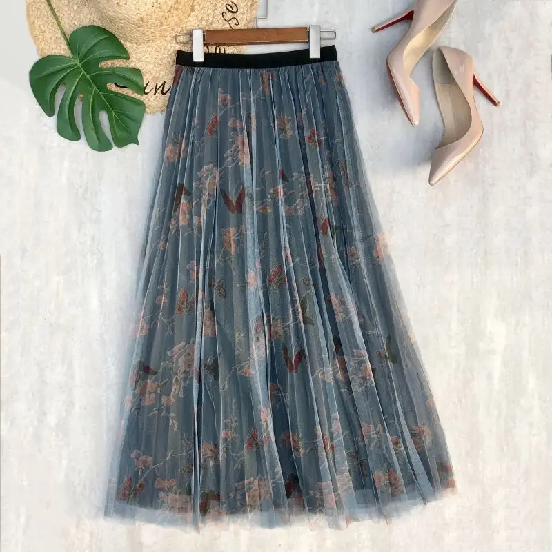 

Spring and Summer Mesh Skirt, Pleated Skirt, Printed High-waisted Fluffy Skirt, Long Large Skirt, A-line Skirt