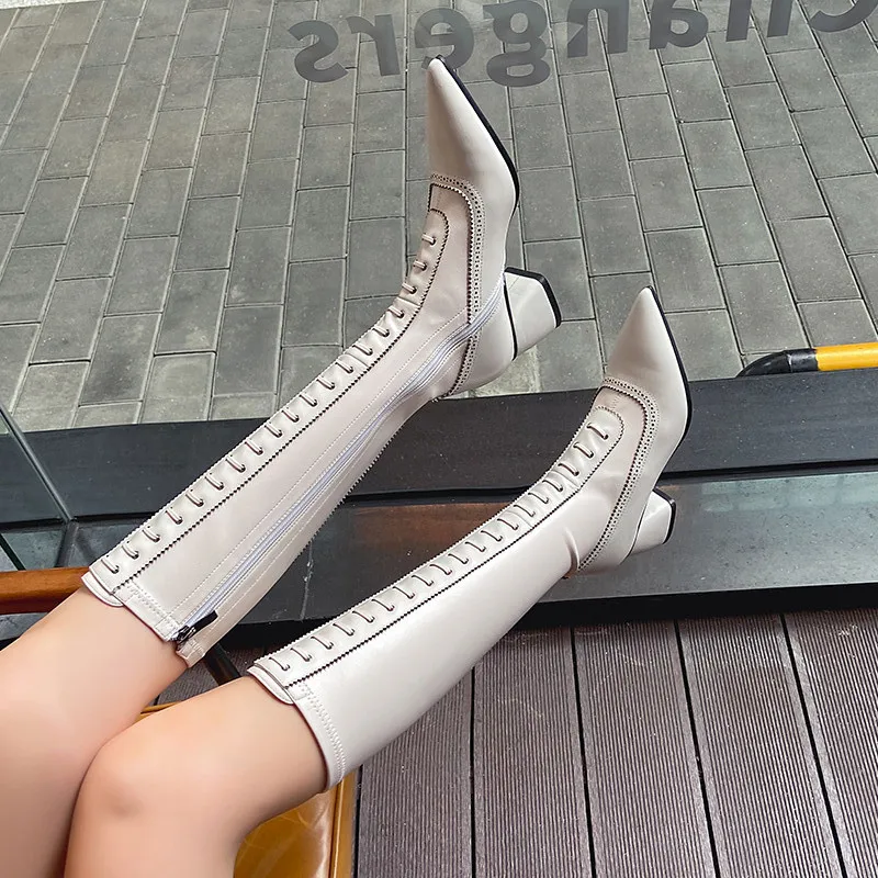 Murah Sepatu Bot Sepeda Motor Ujung Lancip Sepatu Bot Panjang Hak Tebal Wanita Sepatu Bot Wanita Renda Desain Gaya Inggris Sepatu Bot Hitam Seksi
