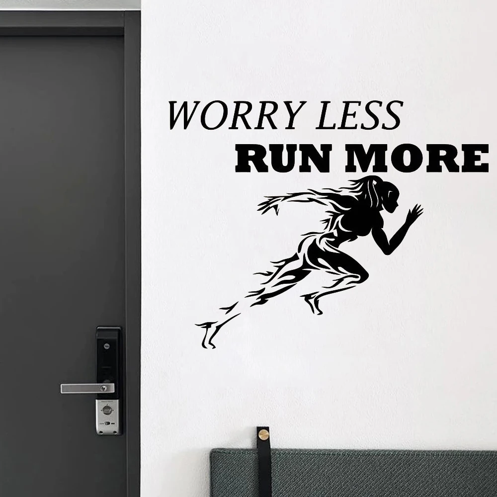 

Gym Wall Sticker Sports Running Women Wall Decal Motivational Quote Worry Less Run More Wallpaper Fitness Wall Posters