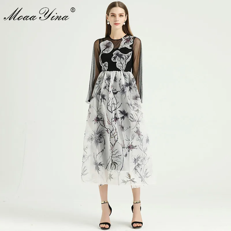 Женское Сетчатое платье миди MoaaYina дизайнерское лоскутное с цветочным принтом