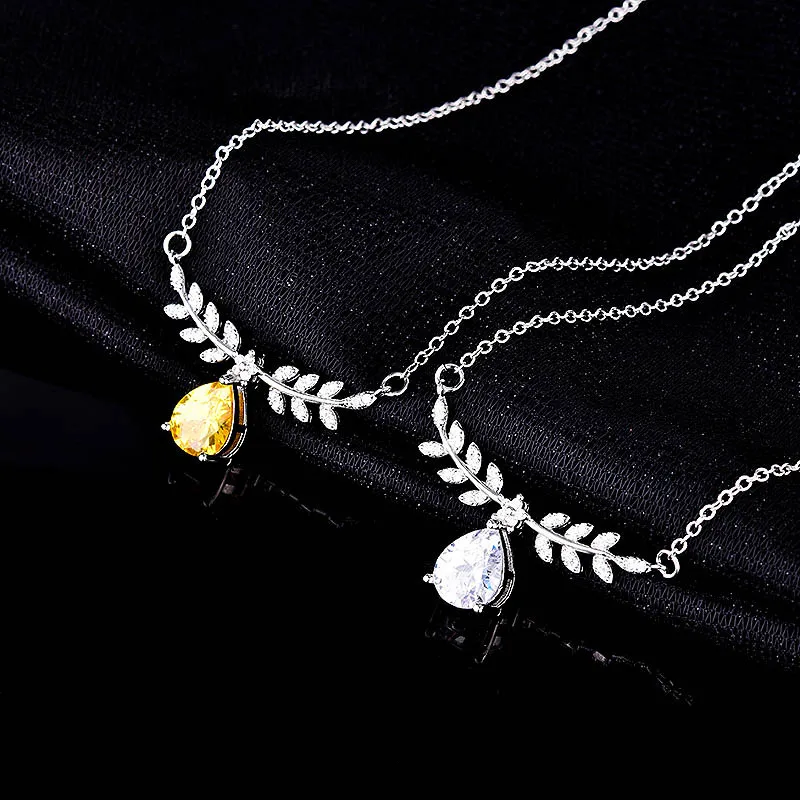 

925 sterling silver sparkling crystal yellow diamond drop pear shape necklace luxury olive leaf wheat ear clavicle chain jewelry