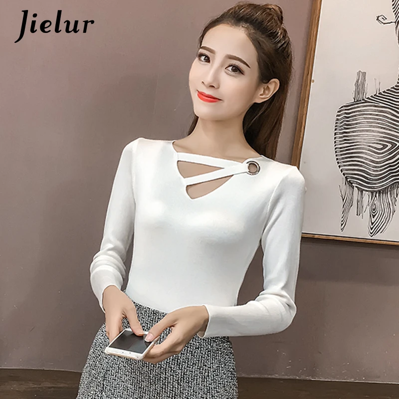 Jielur осенний тонкий свитер с v-образным вырезом для женщин Зимний шикарный